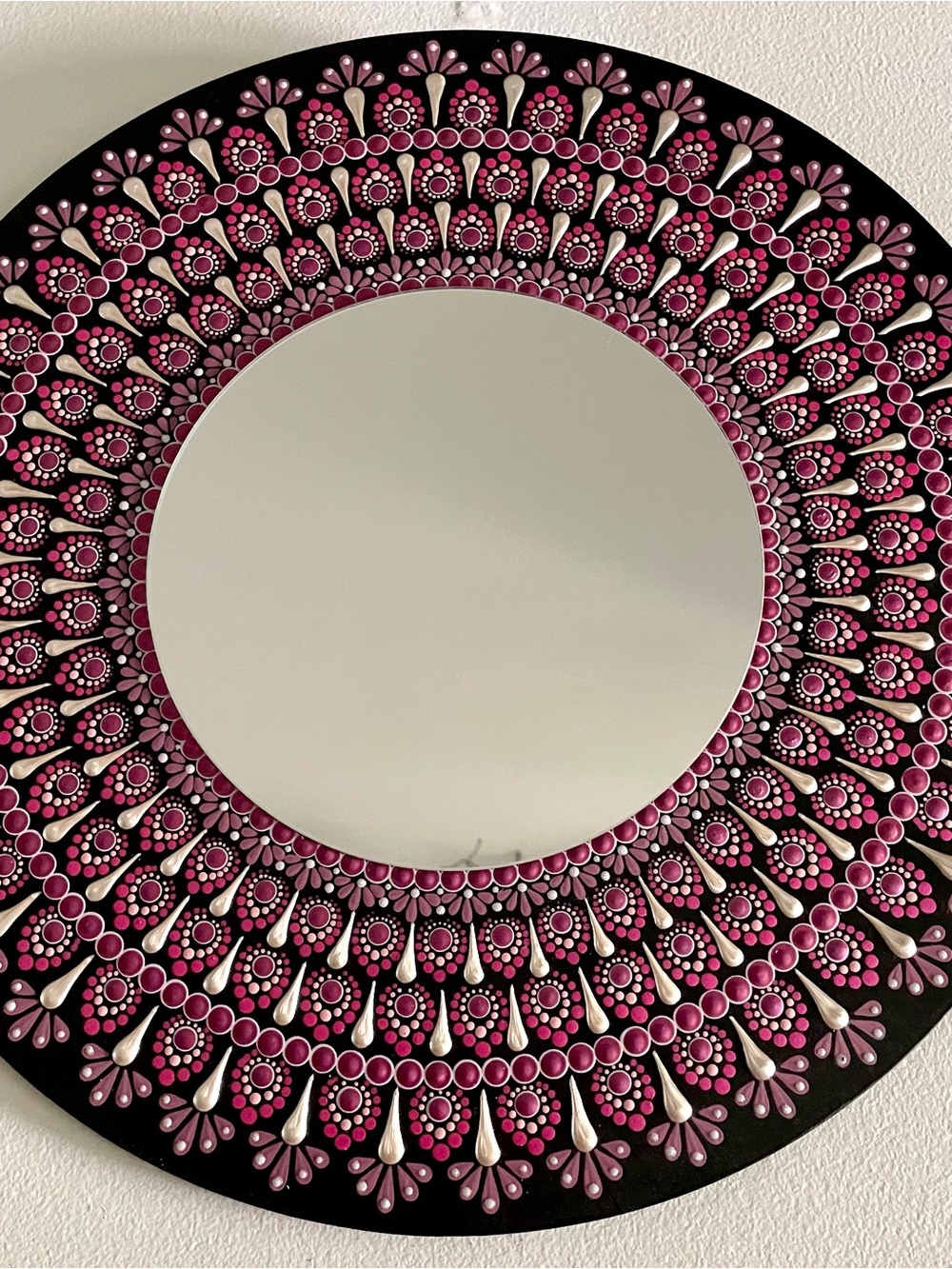 Hand painted Decorative Pink Dot Mandala Wall Mirror 16 inch wood round
